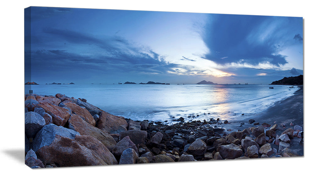 "Blue Sea Sunset on Sandy Coastline" Seascape Wall Art, 1 Panel, 60"x28"