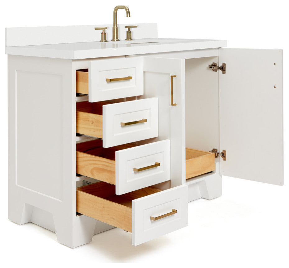 ARIEL Taylor 43" Right Offset Rectangle Sink White Vanity Quartz Top, No Mirror