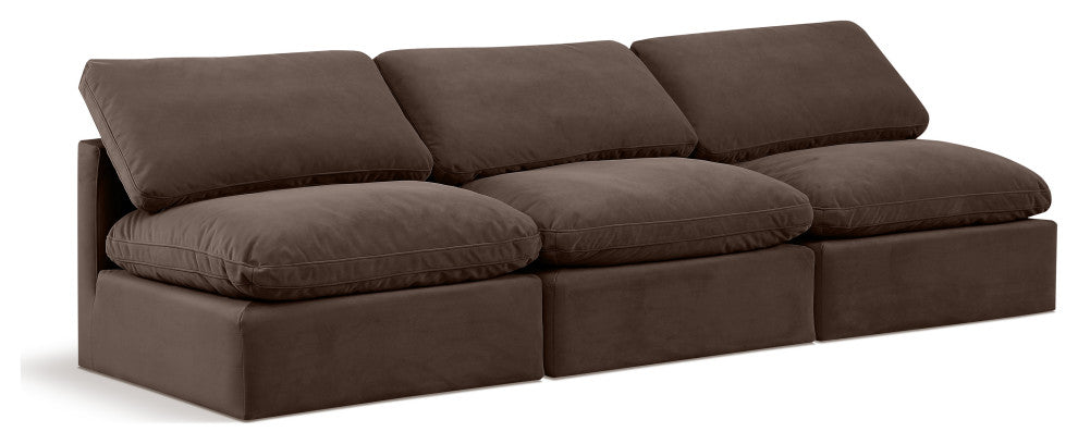 Indulge Upholstered Modular Sofa, Brown, 3-Piece: 3 Armless Chair, Down Stuffed Velvet
