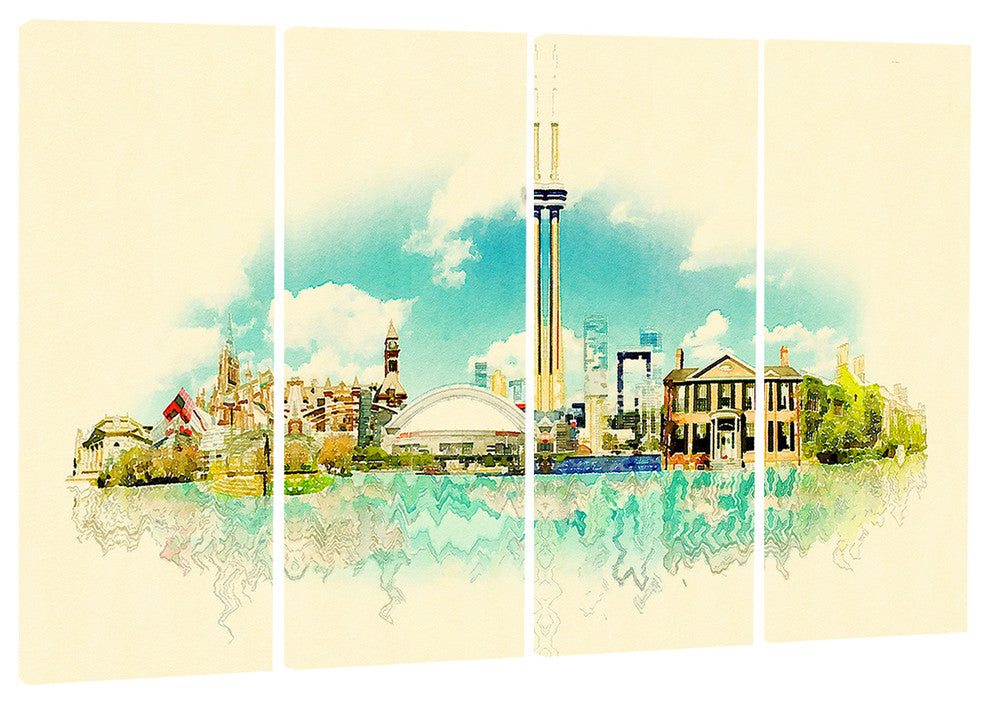 "Toronto City Watercolor" Cityscape Painting Canvas Print, 4 Panels, 48"x28"