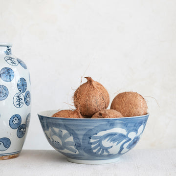Hand Painted Stoneware Bowl with Floral Design, Blue and White