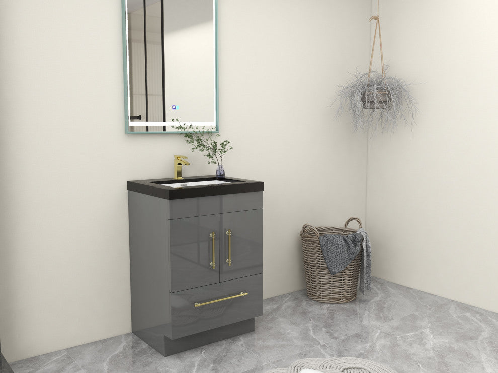 Rosa 24" Free Standing Modern Vanity, High Gloss Gray, Matt Black Top