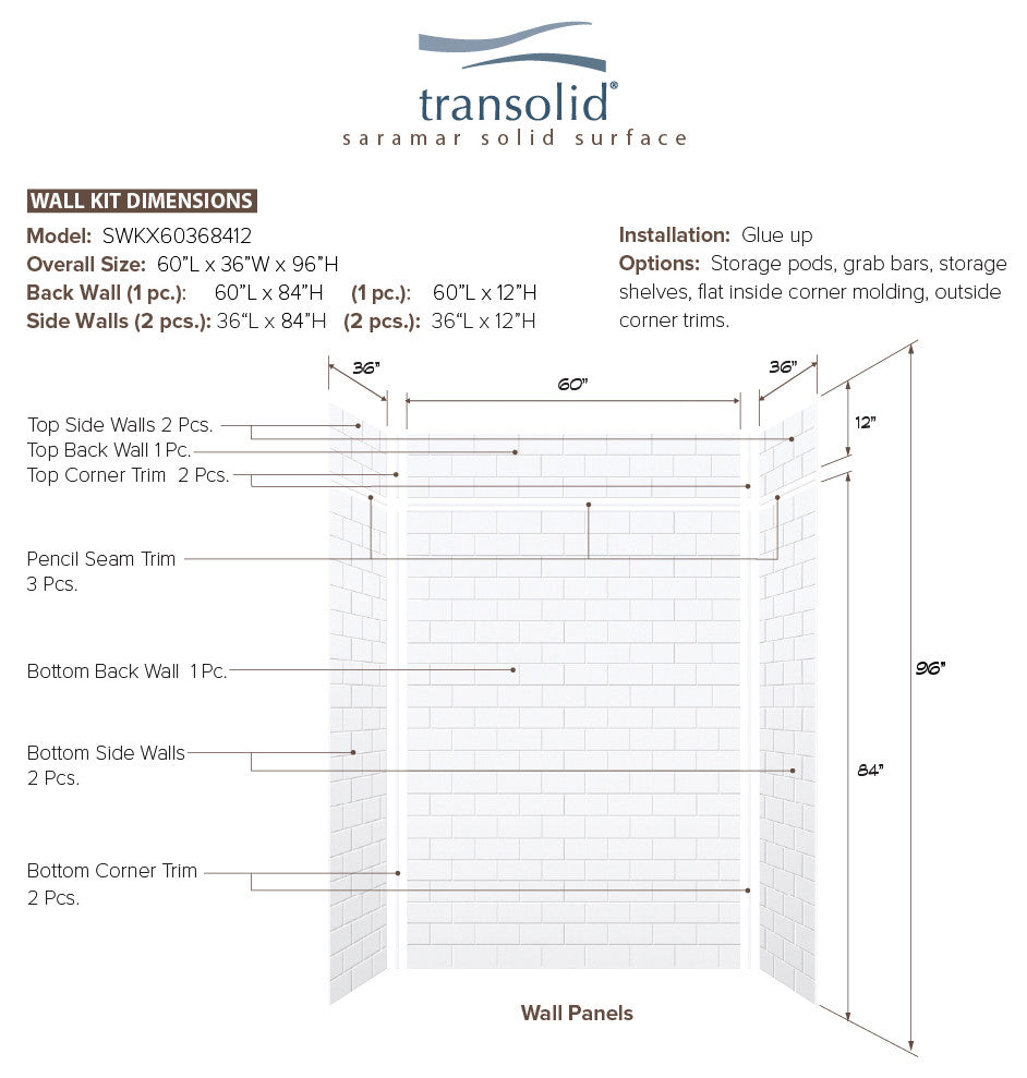 Transolid SaraMar 60"x36"x96" 6-Piece Shower Wall Kit with Extension, White