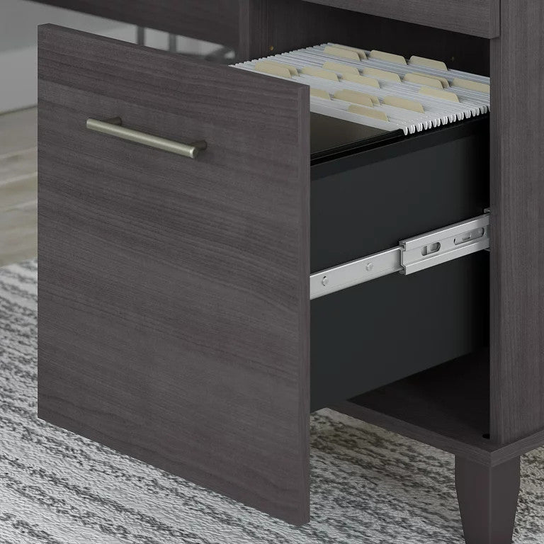L-Shaped Desk, Keyboard Tray & Cabinet/Drawers With Metal Pulls, Storm Gray
