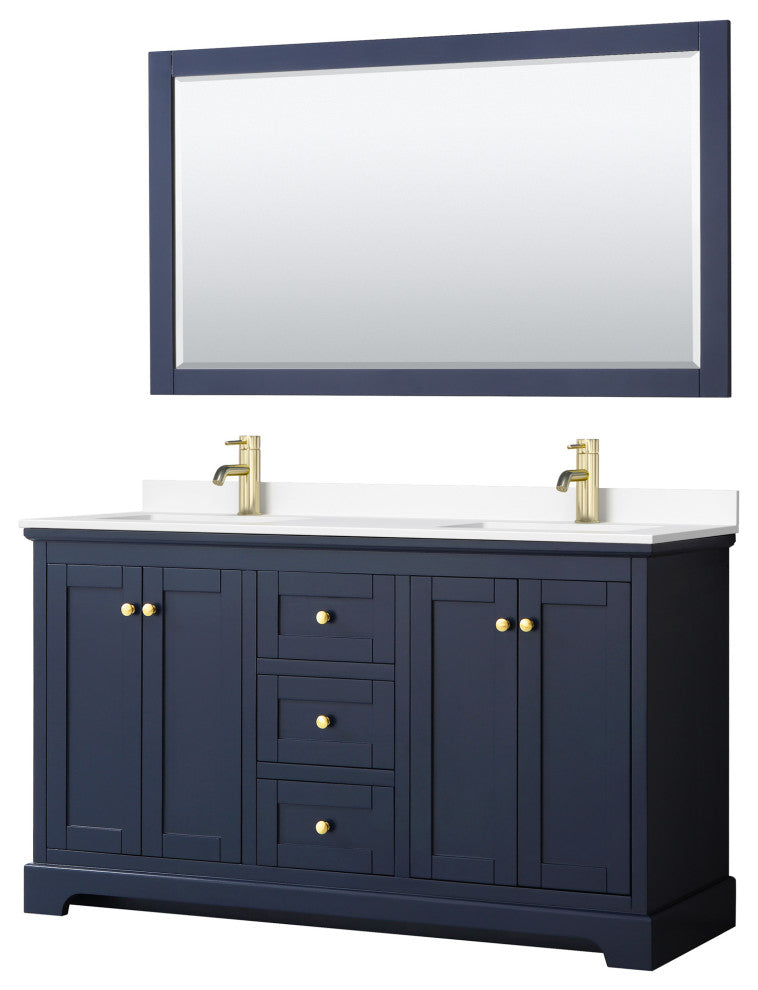 Avery 60, Double Vanity, Dark Blue, White Marble Top, SQ Sinks, 58, Mirror