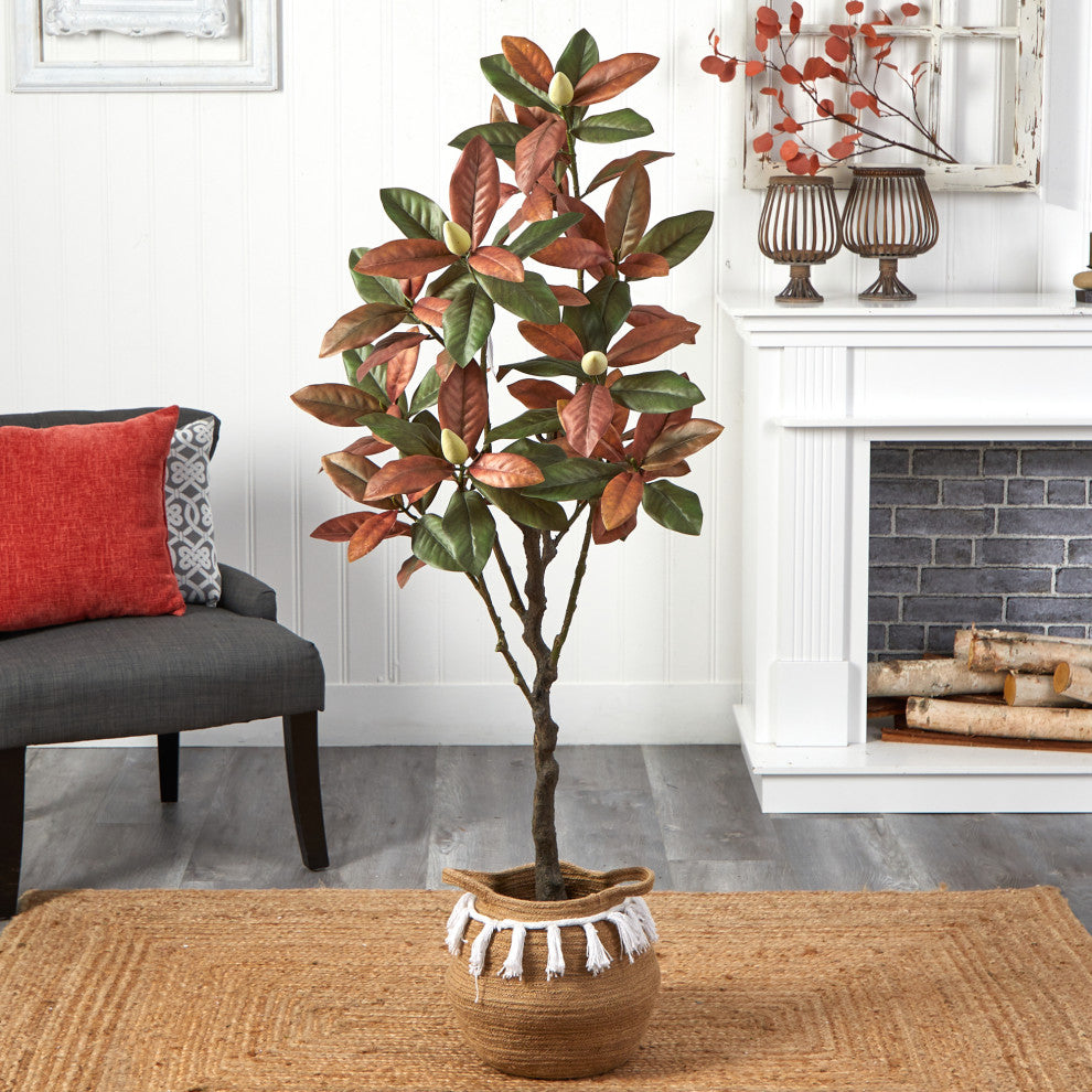 5ft. Artificial Fall Magnolia Tree With Handmade Basket With Tassels