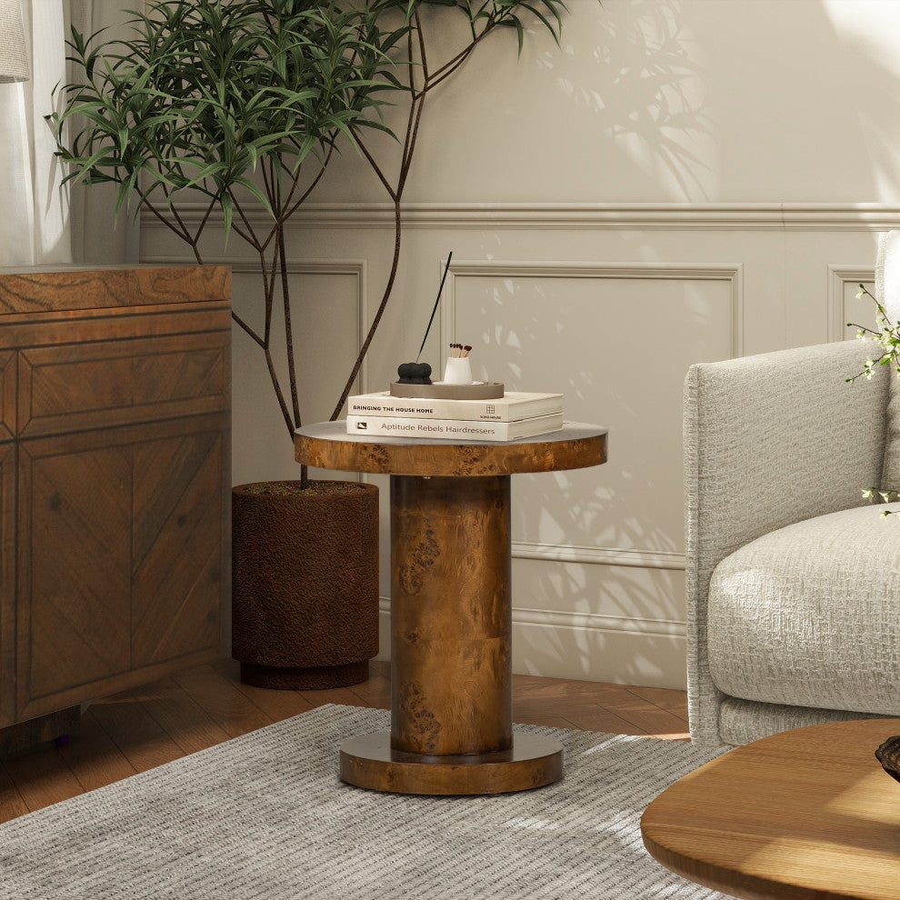 Bolin 18" Dark Walnut Brown Burl Wood Round Pillar Side Table