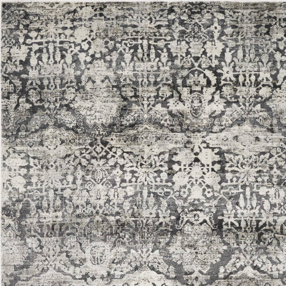 8'X11' Grey Machine Woven Distressed Floral Traditional Indoor Area Rug