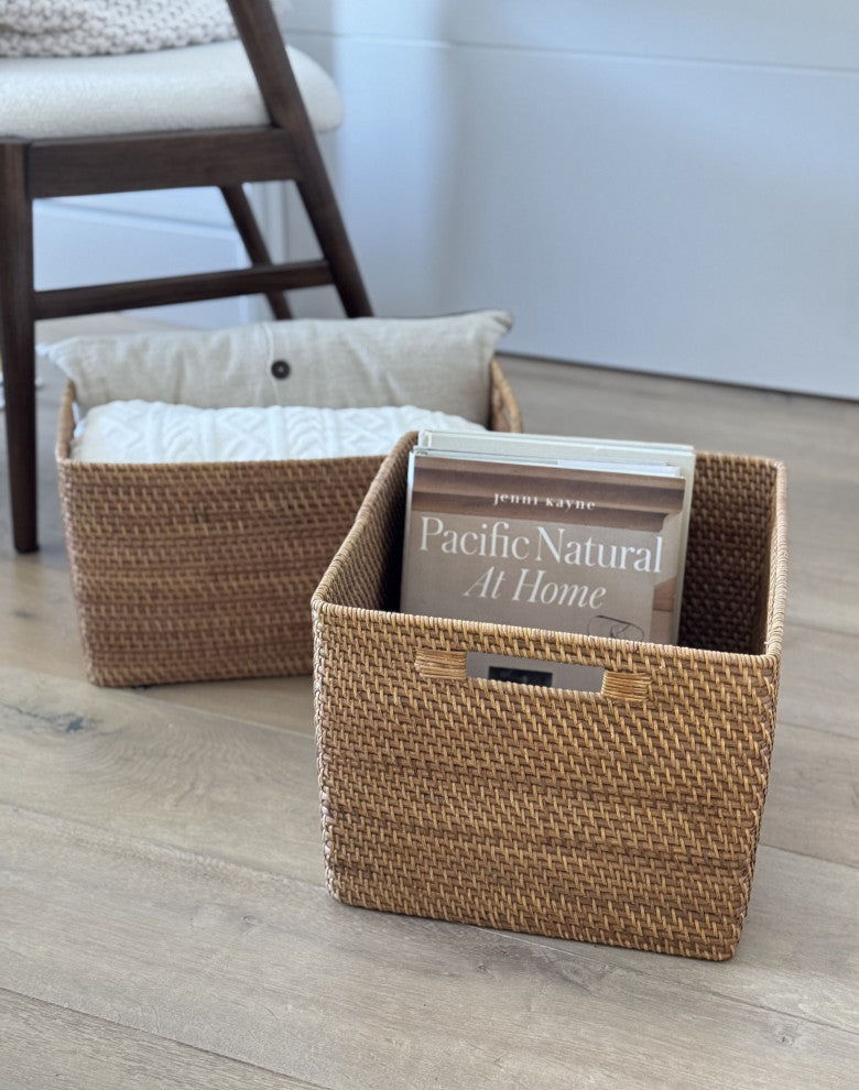 Loma Decorative Square Rattan Storage Basket With Handles, Honey-Brown, Honey Brown