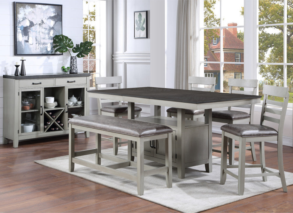 Hyland Dining Set, Table, Bench, 4 Chairs and Server