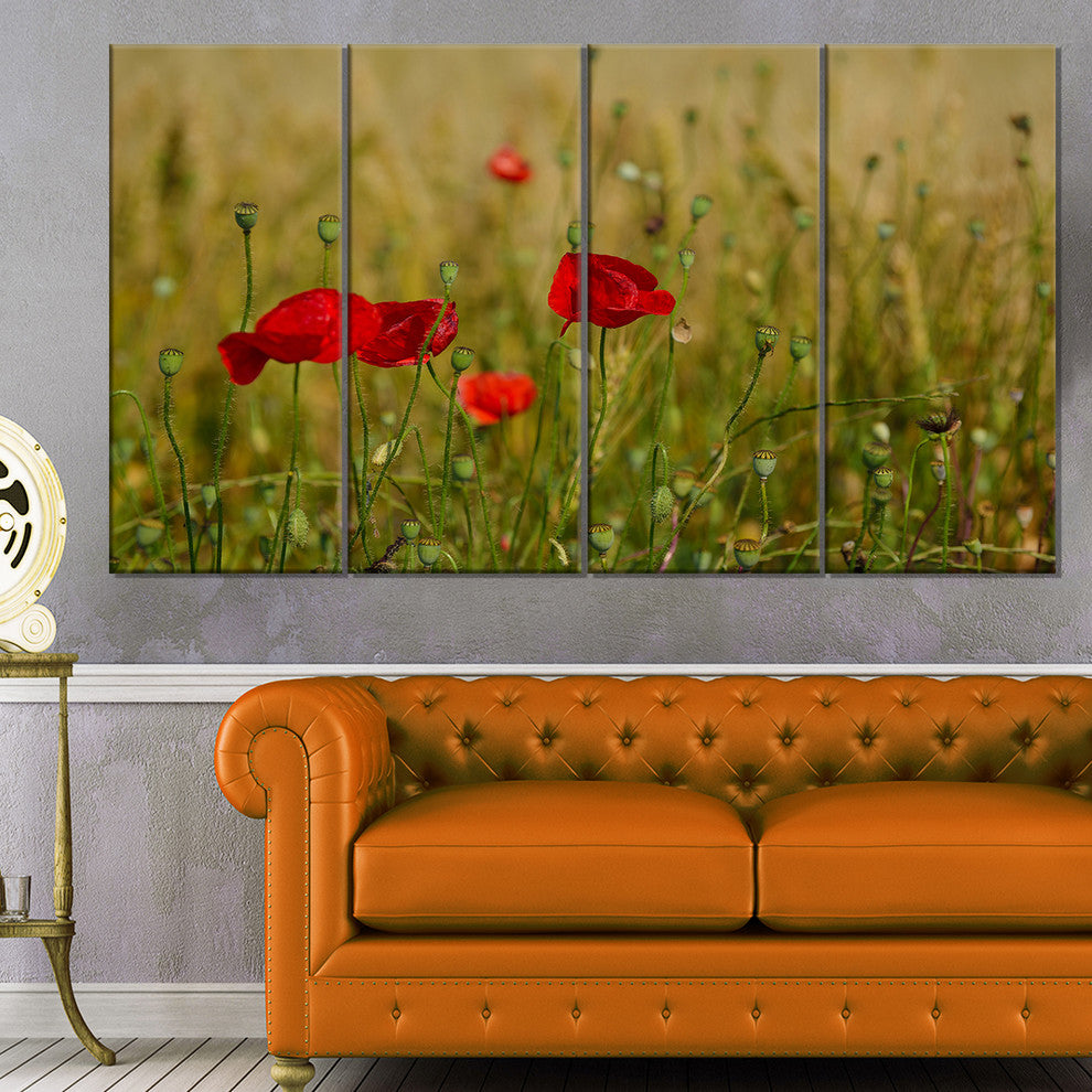 Red Poppy Flower Field Background, Flower Canvas Wall Art, 48"x28", 4 Panels