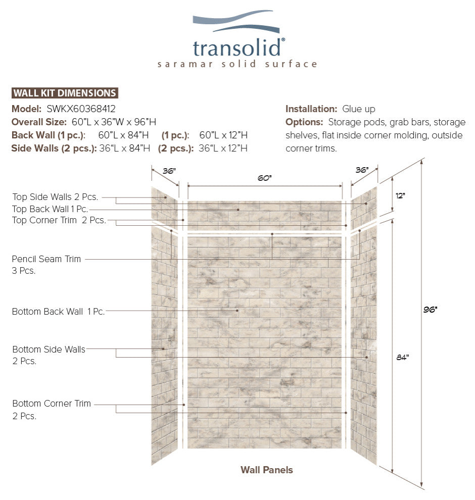 Transolid SaraMar 60"x36"x96" 6-Piece Shower Wall Kit with Extension, Sand Creme