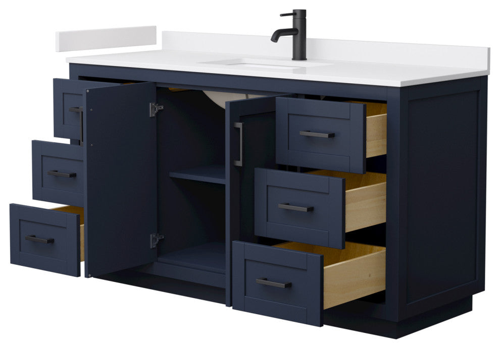 60" Single Bath Vanity Dark Blue, White Cult.Marble Countertop, Sink, Black Trim