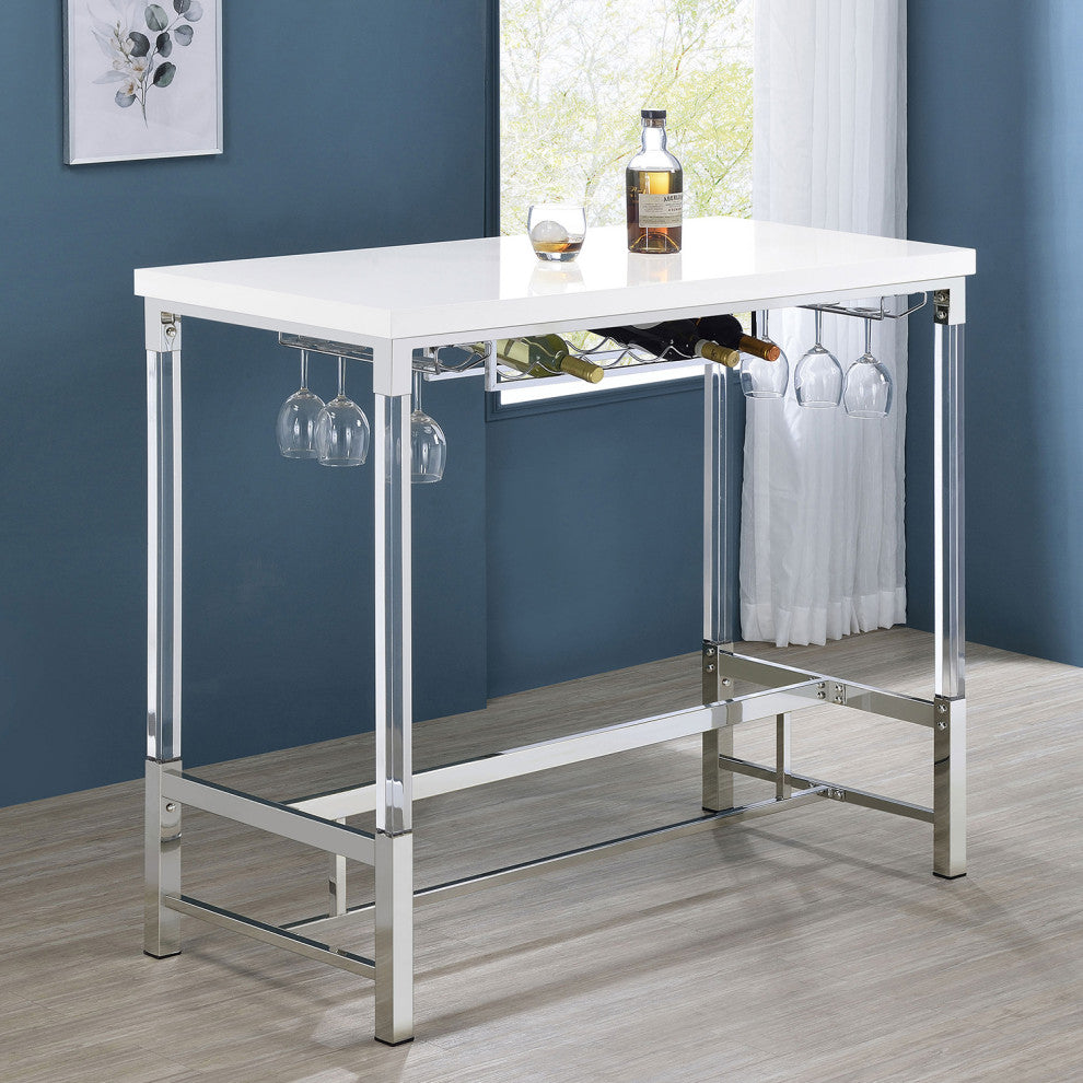 Rectangular Pub Height Bar Table With Storage, High Gloss White and Silver