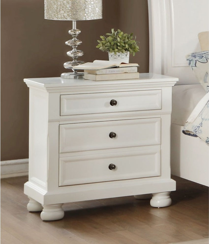 Benzara BM188578 Style Two Drawer Wooden Night Stand with Round Bun Legs, White
