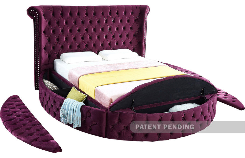Luxus Button Tufted Velvet Round Bed, Purple, King