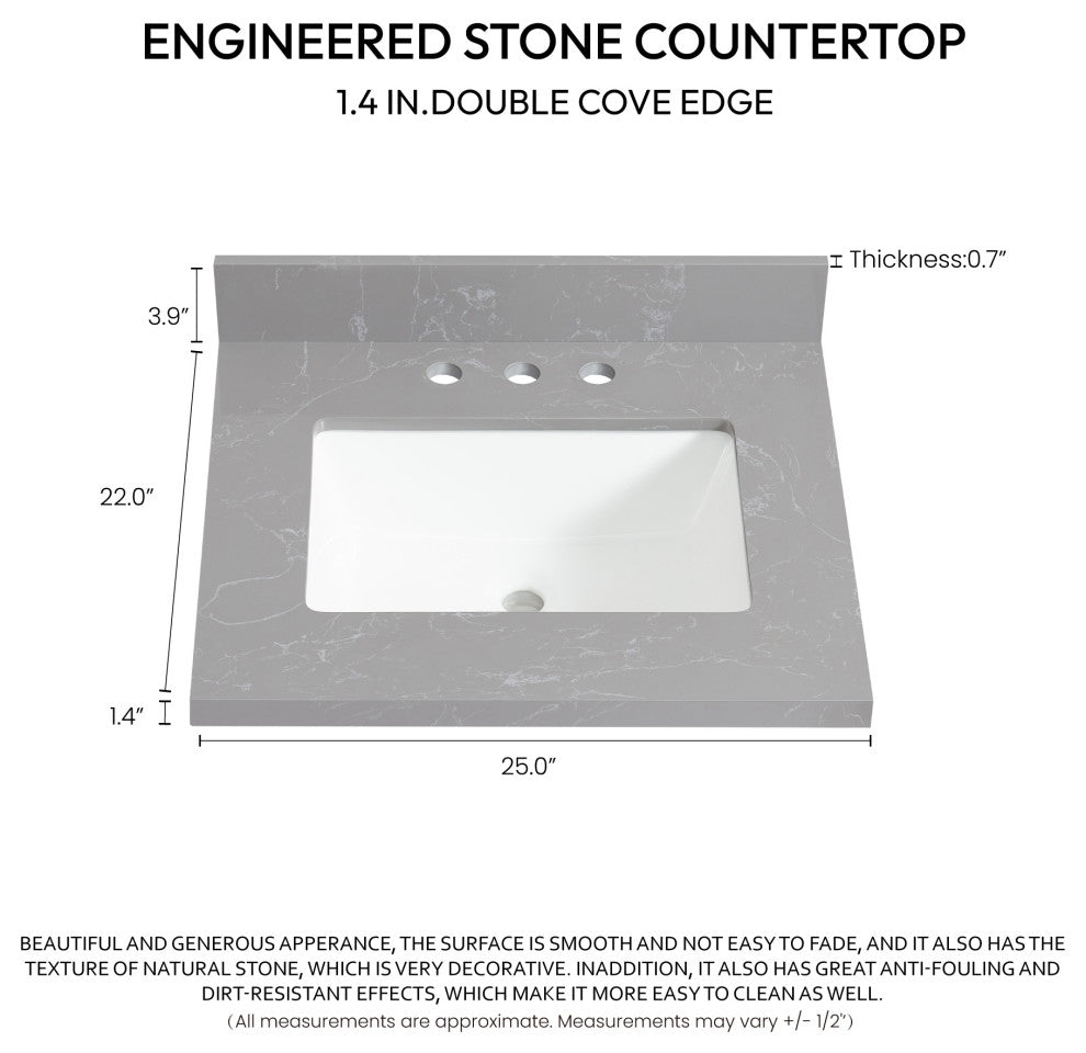 Jaen Composite Stone Vanity Top With Ceramic Sink, Reticulated Gray, 25"