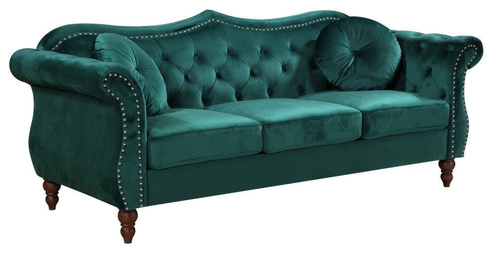 Classic Sofa, Velvet Seat With Button Tufted Back & Nailhead Trim Accent, Green
