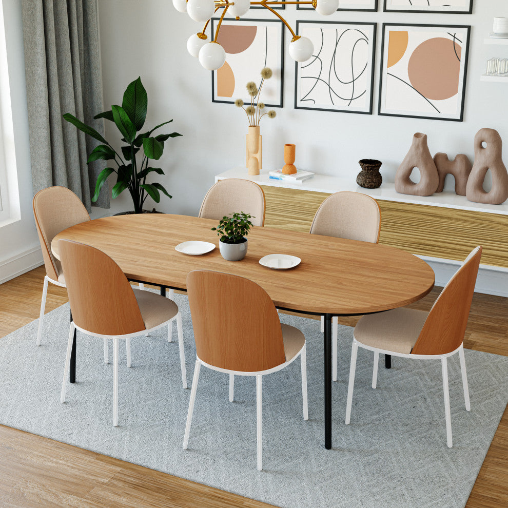 LeisureMod Tule Dining Chair With Upholstered Seat and White Steel Frame, Natural Wood/Brown