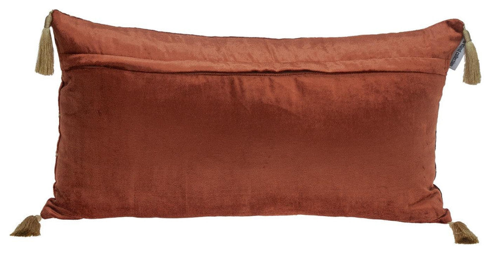 Burnt Orange and Gold Geo Velvet Lumbar Pillow With Gold Tassels