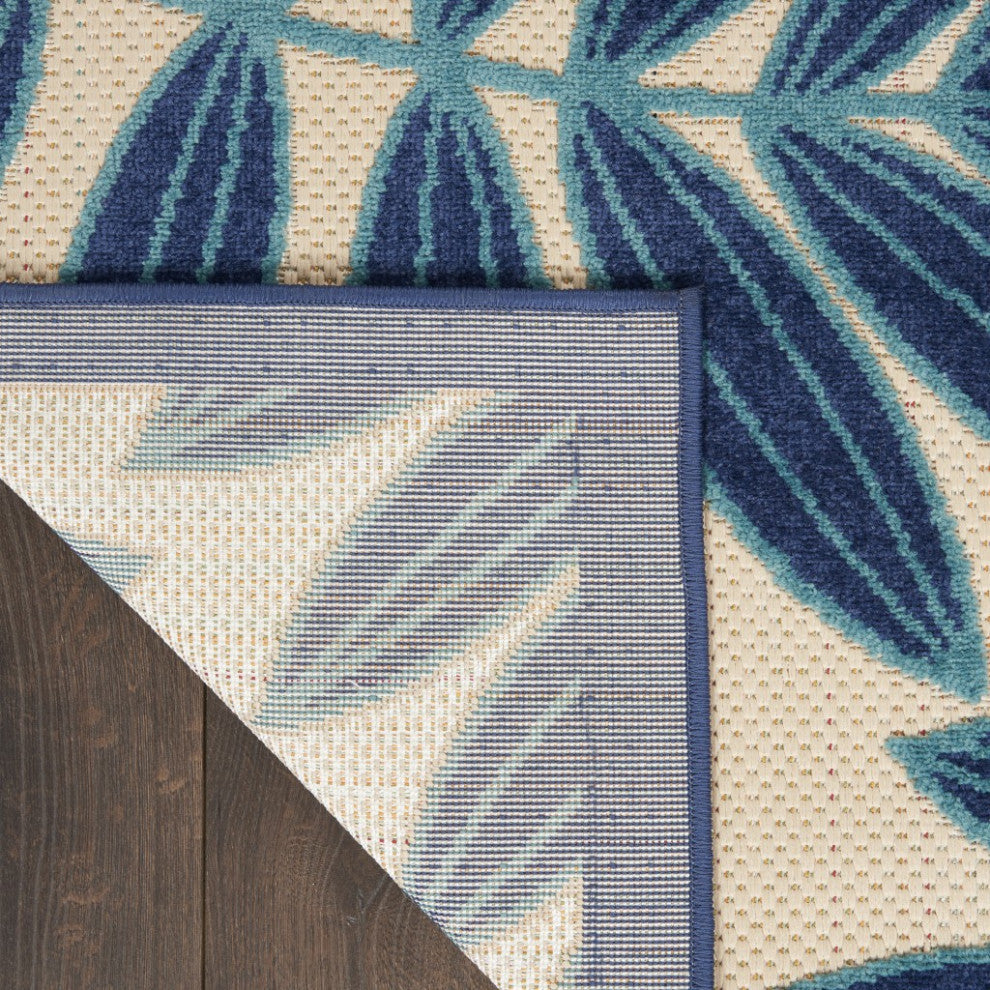 7 x 10 Navy and Beige Leaves Indoor Outdoor Area Rug