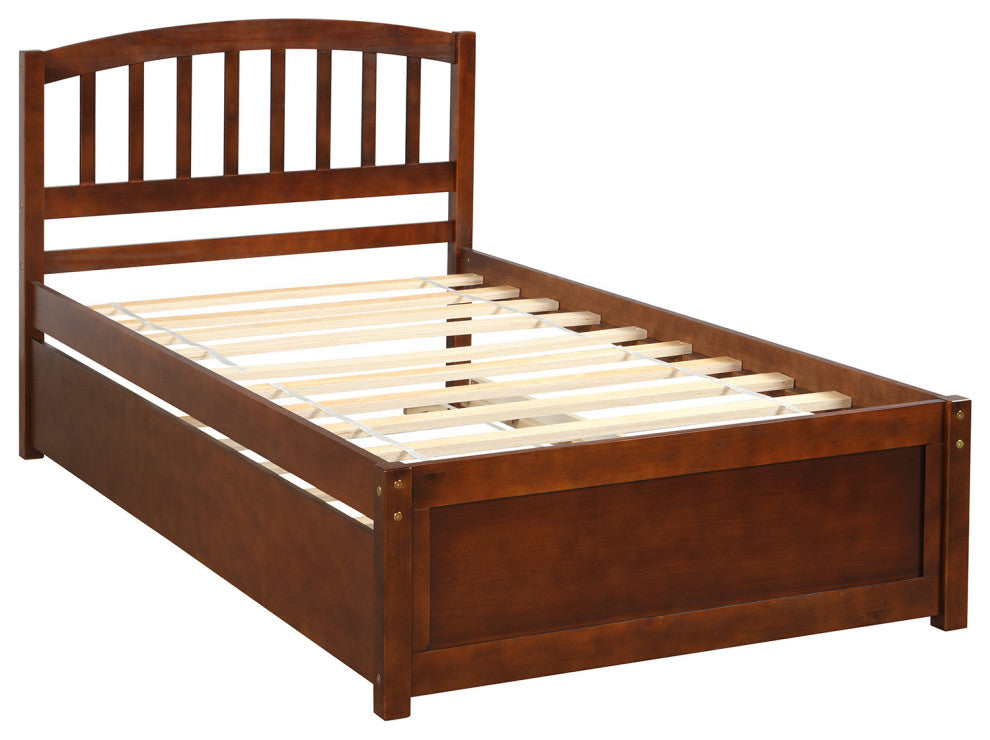 TATEUS Twin Platform Bed With Trundle, Wood Bed Frame With Headboard, Walnut