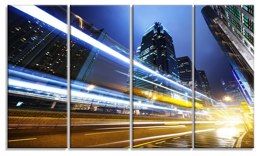 Traffic In Hong Kong at Night, Cityscape Canvas Art Print, 48"x28", 4 Panels