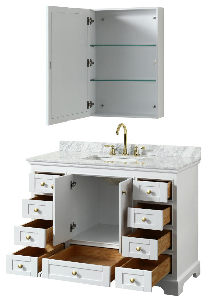 48" Single Bath Vanity White, Carrara Countertop, Sink, Gold Trim, Med. Cabinet