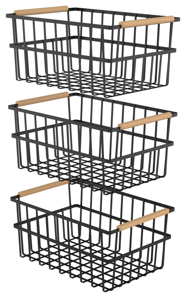 Oceanstar Metal Wire Organizer Bin Basket with Card Holder, Set of 3, Black