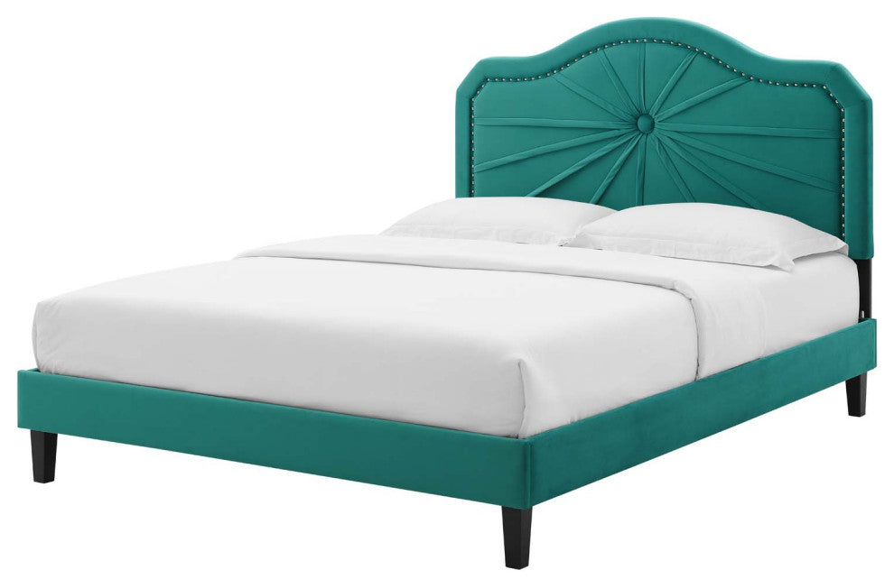 Platform Bed Frame, Queen Size, Velvet, Teal Blue, Modern Contemporary, Bedroom