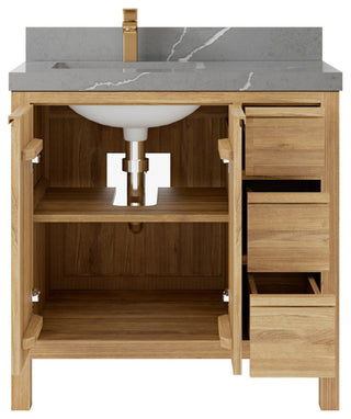 Elizabeth 36 Left Offset Bath Vanity in Light Natural Teak 2" Piatra Gray