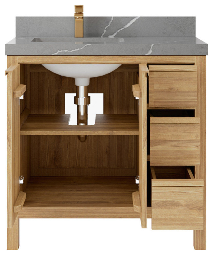 Elizabeth 36 Left Offset Bath Vanity in Light Natural Teak 2" Piatra Gray
