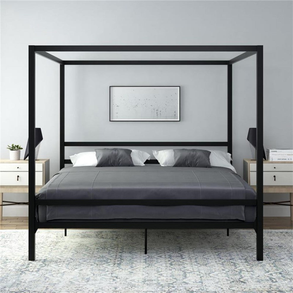 DHP Modern Metal Canopy Poster Bed in King in Black