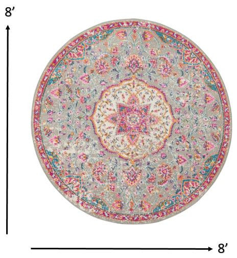 8' Pink And Gray Round Power Loom Area Rug