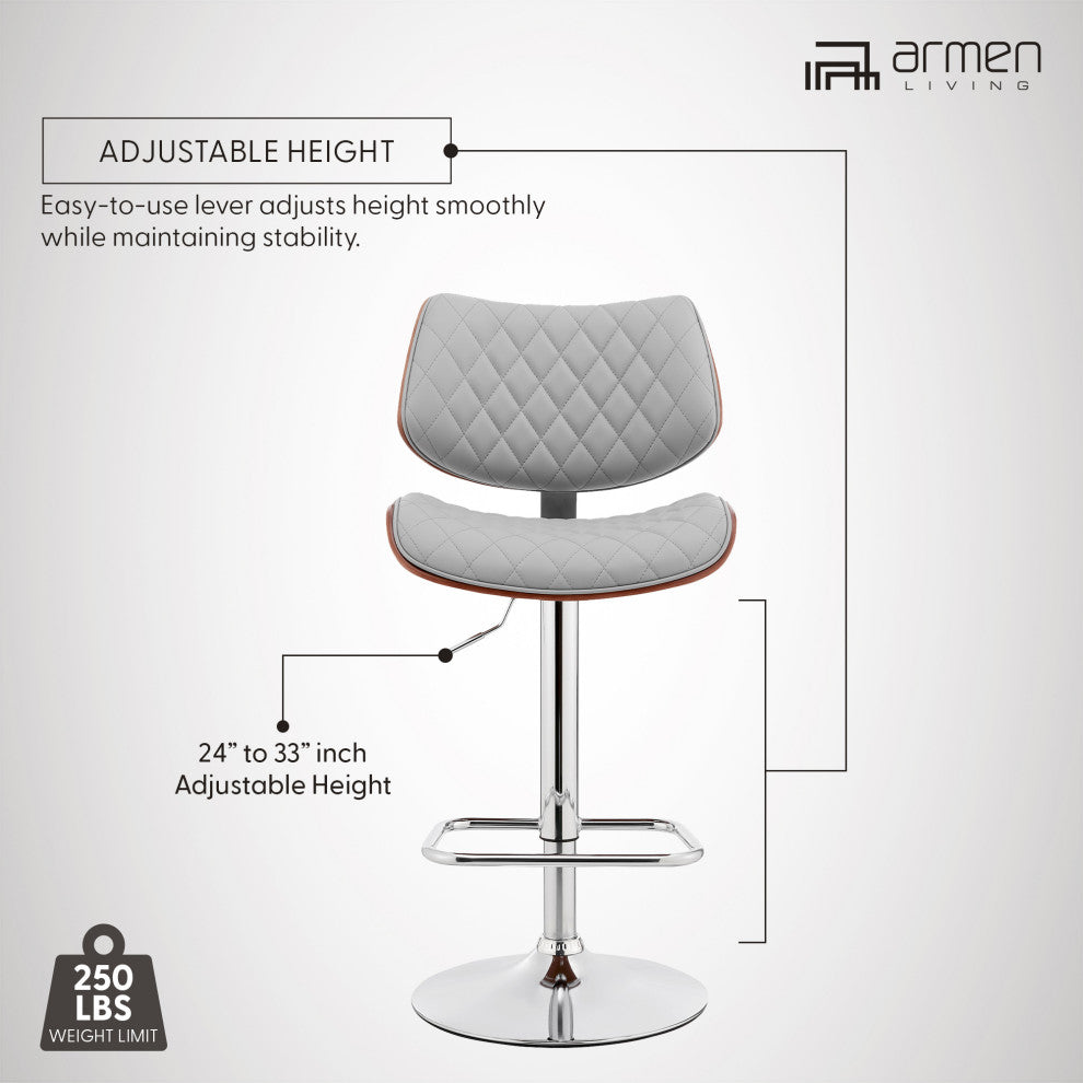 Leland Adjustable Faux Leather and Metal Bar Stool, Gray and Chrome