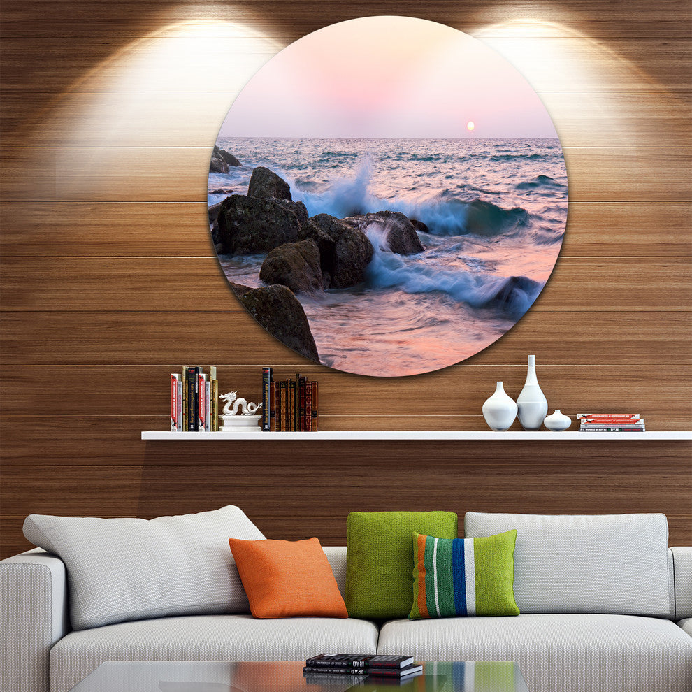 Rocky Coast With Foam Waves, Seashore Disc Metal Wall Art, 11"