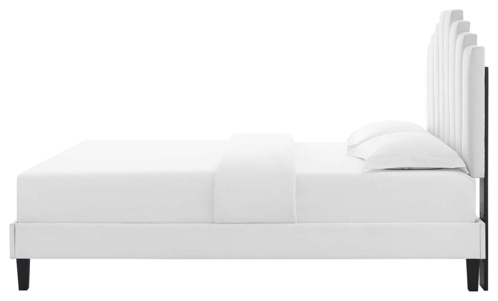 Platform Bed Frame, Queen Size, Velvet, White, Modern Contemporary, Bedroom