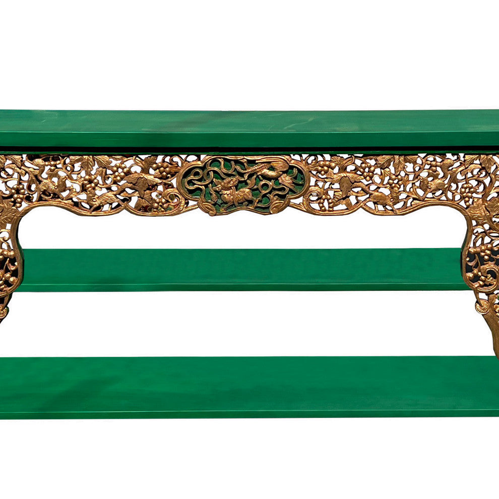 Chinese Green Golden Carving Rectangular Curio Display Stand Side Table Hcs7613