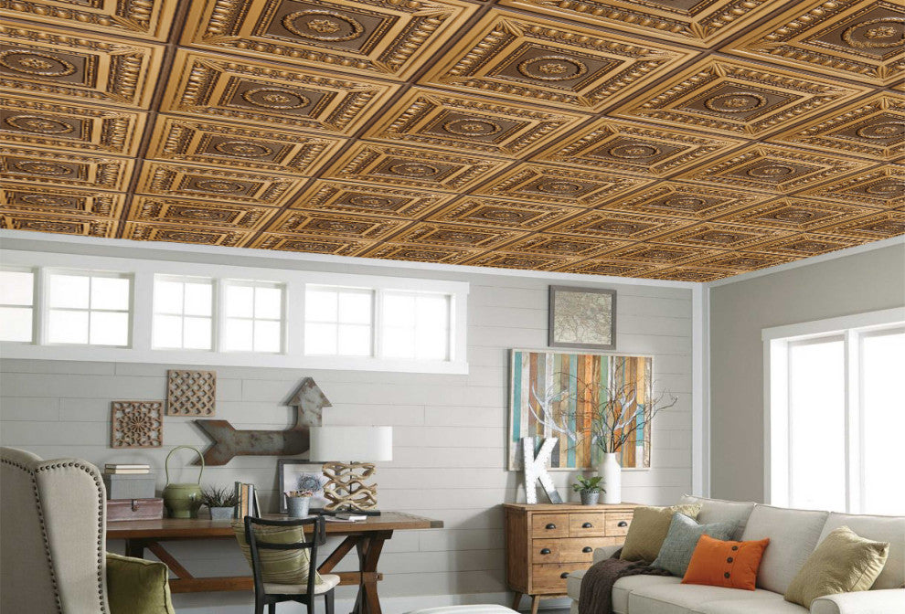 Antique Gold 3D Ceiling Panels, 2'x2', 40 Sq Ft, Pack of 10