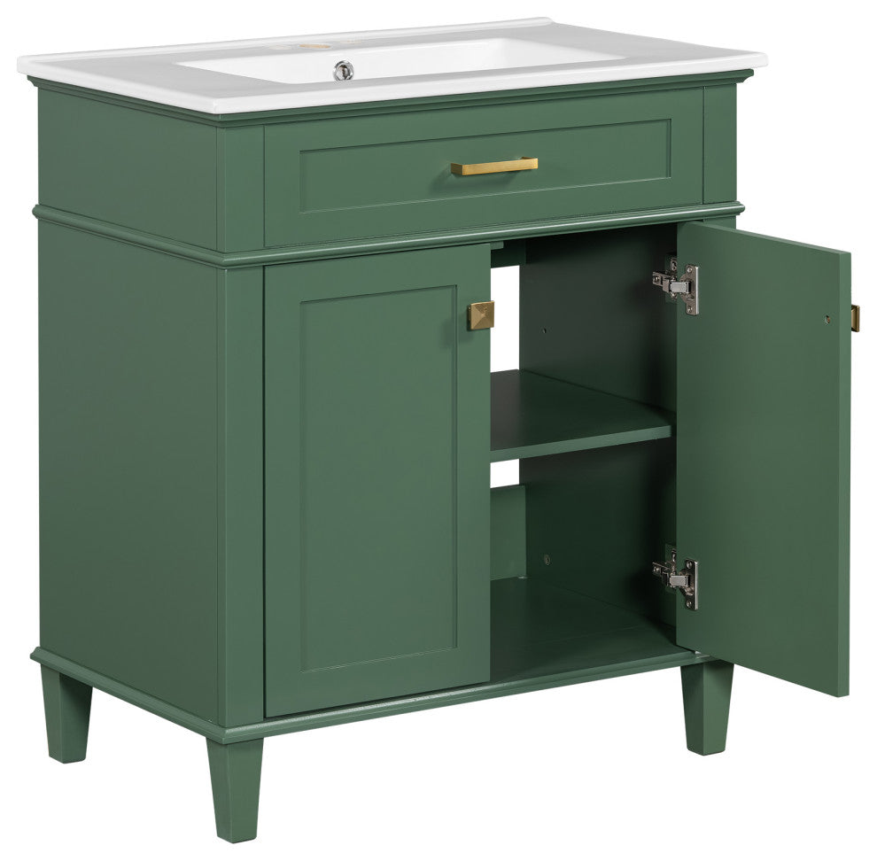 30 Inch Bathroom Vanity with Ceramic Basin, Soft-close Door, Green