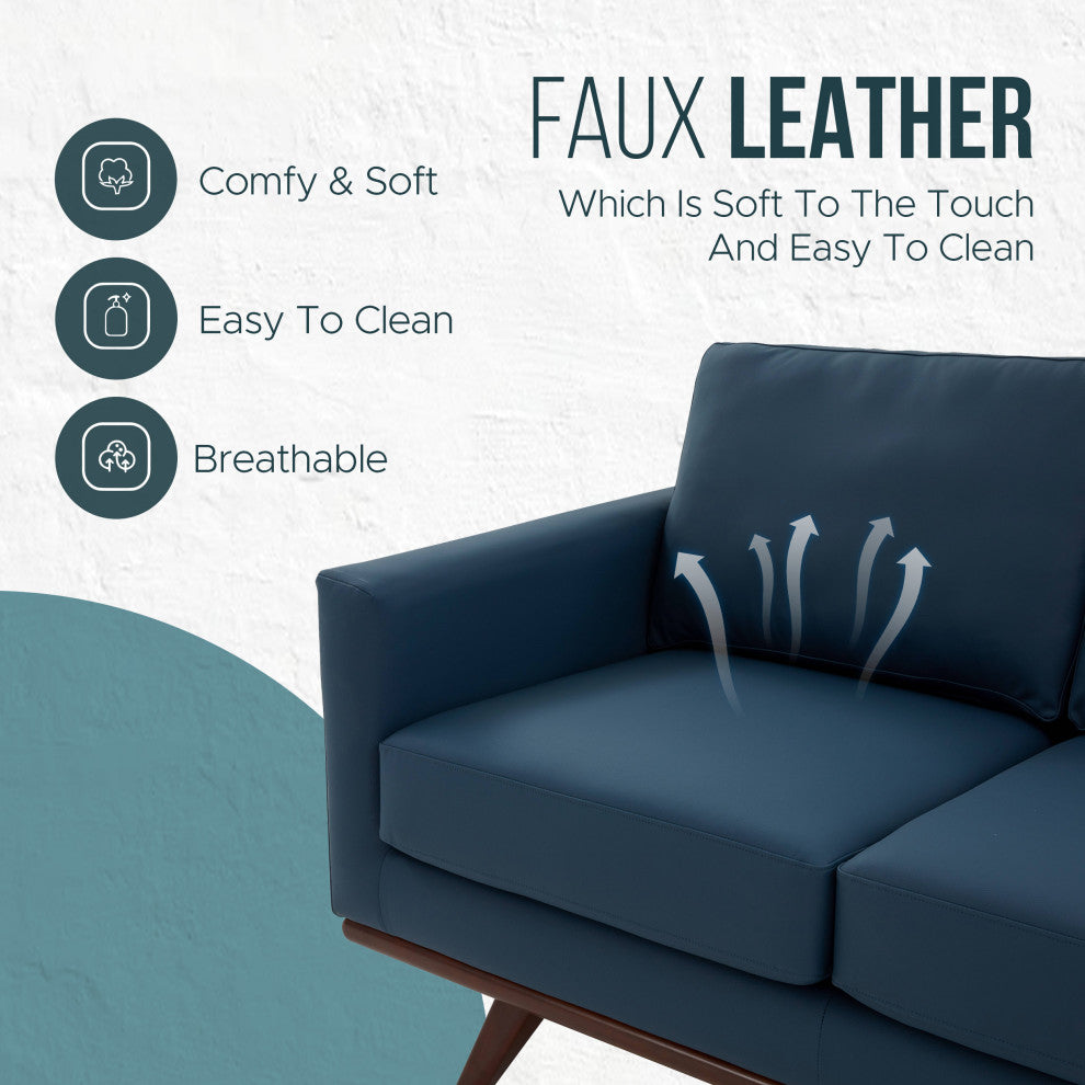 LeisureMod Chester Modern Leather Loveseat With Birch Wood Base, Navy Blue