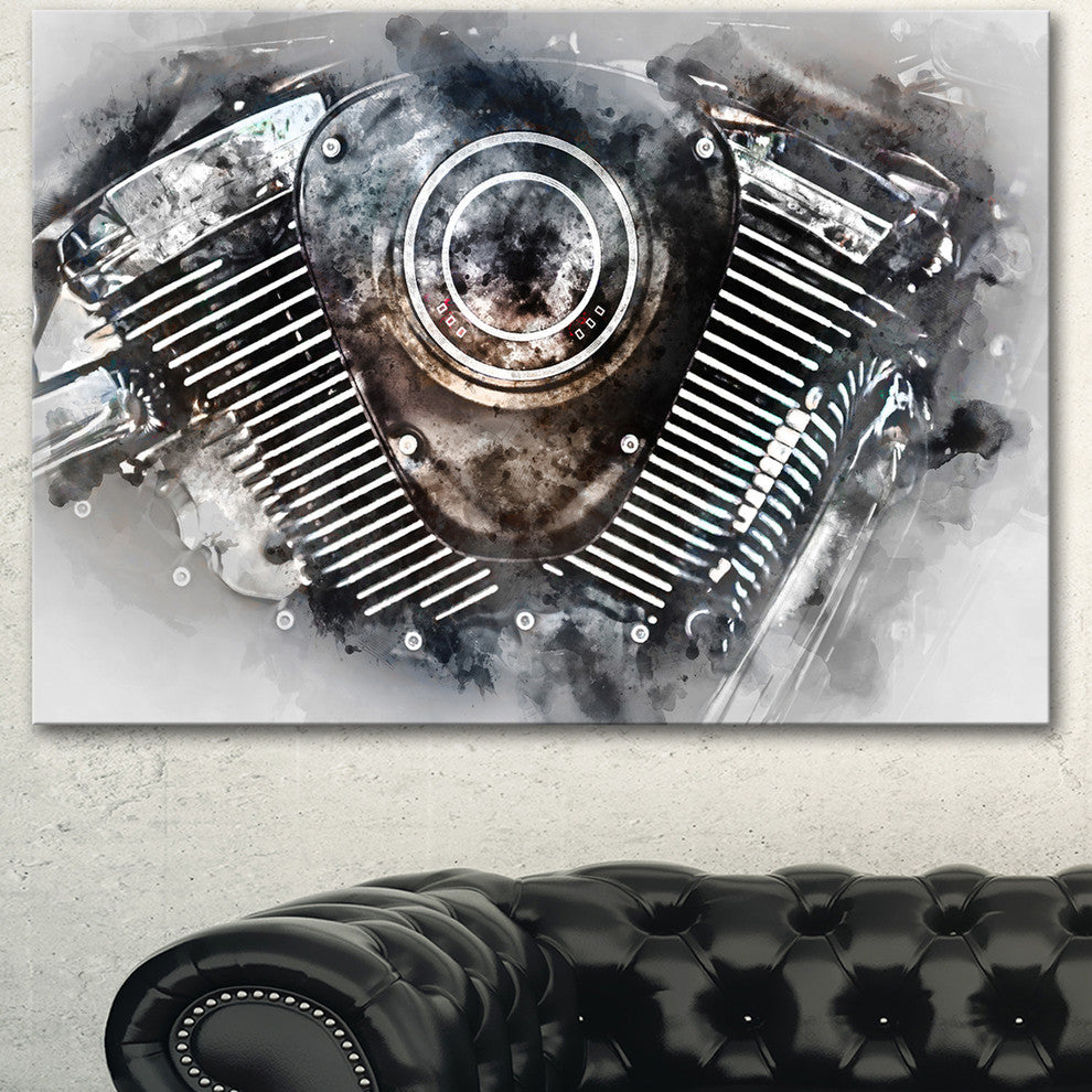 Motorcycle Engine Watercolor, Contemporary Canvas Art Print, 60"x28"