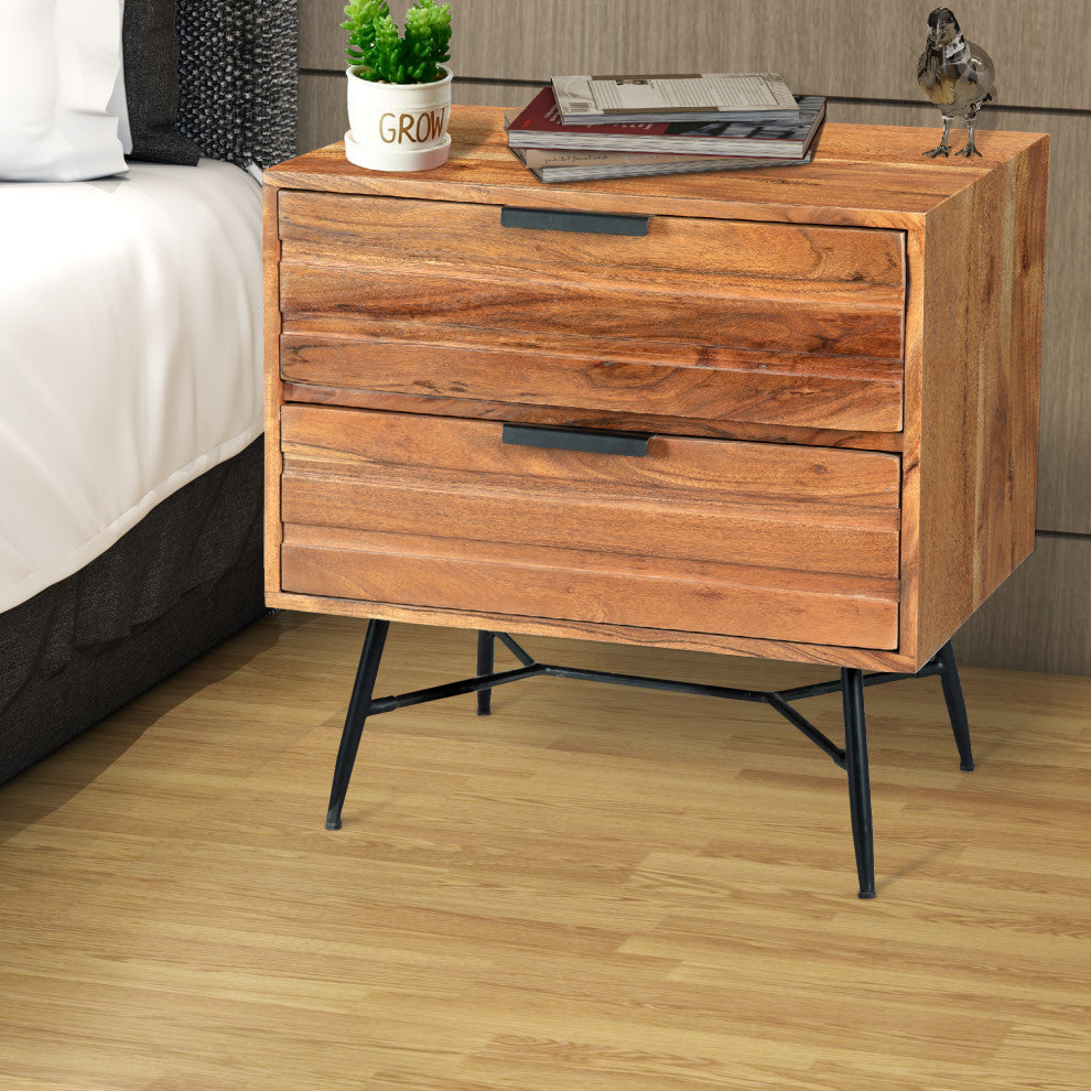 2 Drawer Wooden Nightstand With Metal Angled Legs Black and Brown