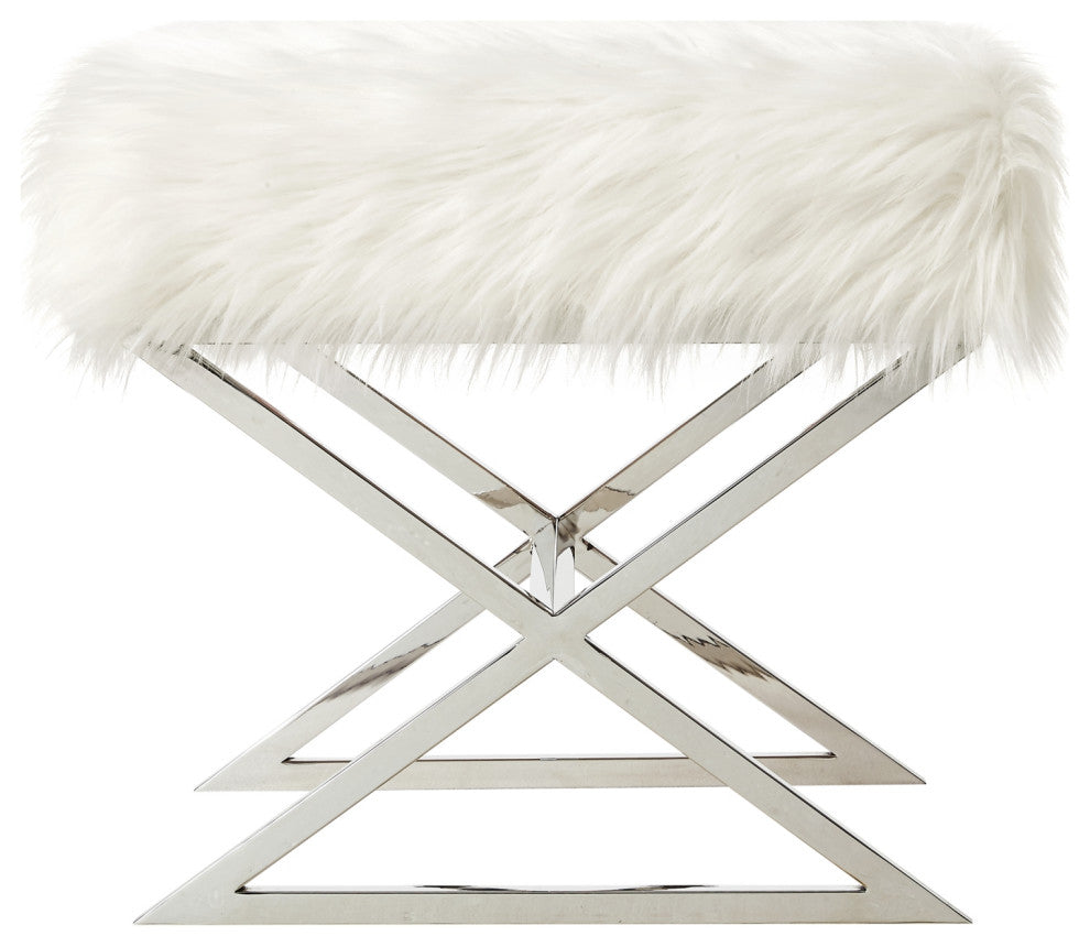 Oria Faux Fur X-Leg Chrome Base Ottoman, White/Chrome