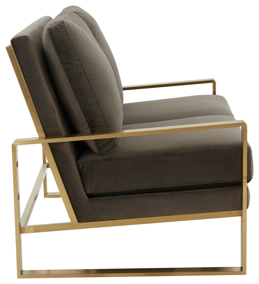 LeisureMod Jefferson Modern Design Velvet Loveseat With Gold Frame, Dark Gray