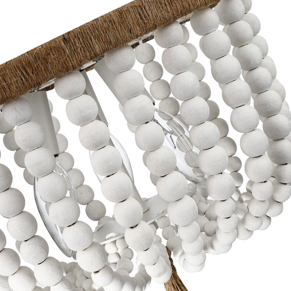 12.6" W 3-Light Bohemia Antique White Wood Beaded Flush Mount Ceiling Light
