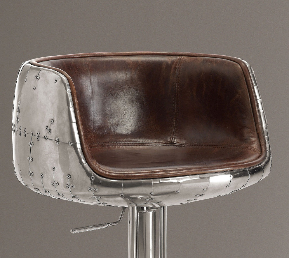 Top Grain Leather Adjustable Arm Stool with Swivel, Vintage Brown