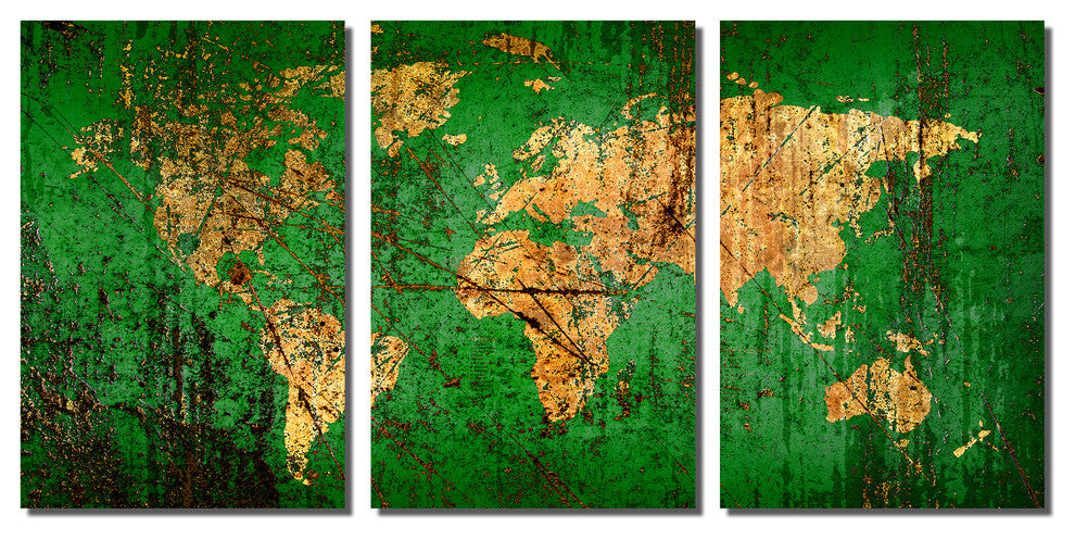 Abstract Green World Map Metal Print Wall Art, 3 Panel Split, Triptych