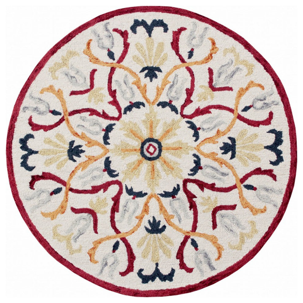 6' Red And Ivory Round Wool Hand Tufted Area Rug