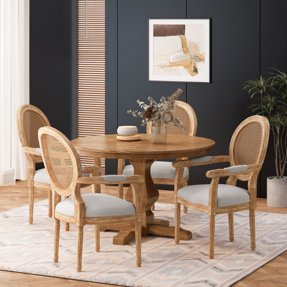 Bryan French Country Upholstered Wood and Cane 5-Piece Circular Dining Set, Natural/Light Gray